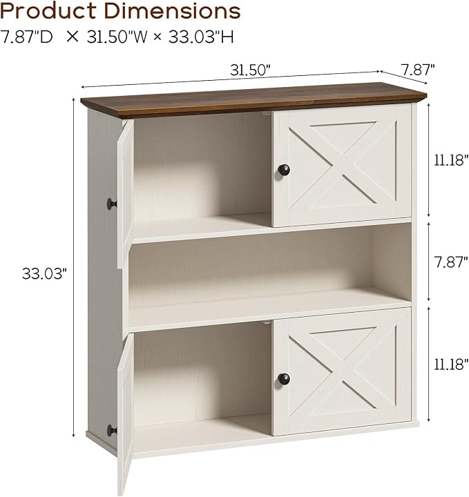 Vabches Bathroom Wall Cabinet, Farmhouse Medicine Cabinet with 4 Barn Doors, Large Wooden Vintage Storage Cabinet Wall Mounted for Bathroom, Kitchen, Rustic White