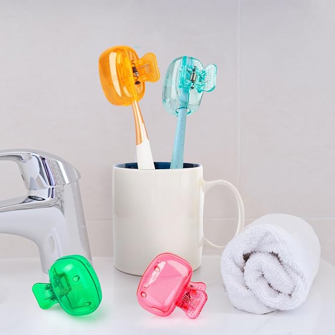 Hxezoc 4 Pack Toothbrush Covers Toothbrush Holders Toothbrush Protector Cap Brush Pod Case Portable Plastic Clip for Household Travel, Bathroom, School, Camping, Business (Green, Teal, Orange, Pink)
