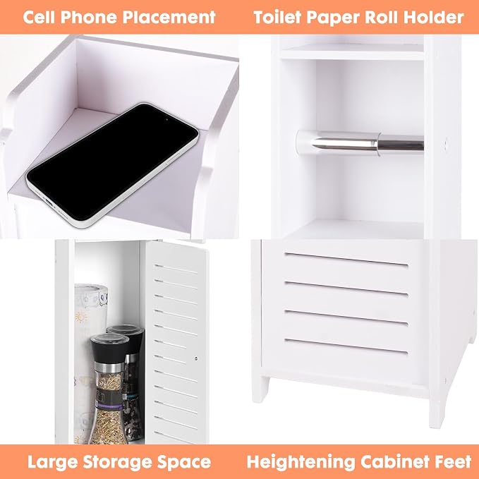 ShellKingdom Toilet Paper Holder Stand with Rod, Small Bathroom Cabinet | Slim Storage Cabinet for Bathroom Small Spaces Corner Floor with Doors and Shelves, White