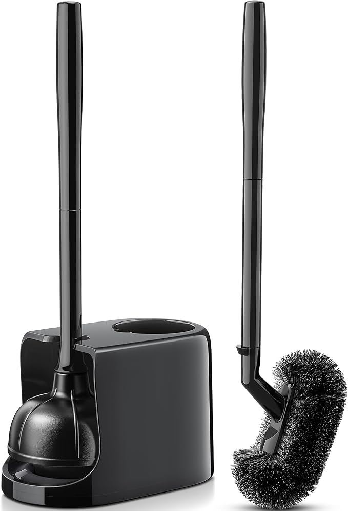 HAMITOR Toilet Plunger Bowl Brush Combo：Heavy Duty Rubber for Drain Clog | Curved Design Bristles for Deep Cleaning Under Rim - Compact Bathroom Cleaning Tools for New Homet Essentials, Black