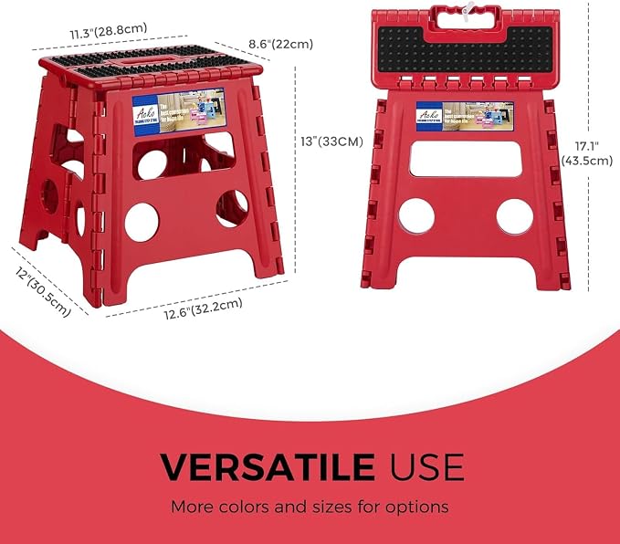 ACKO 13" Folding Step Stool, Non-Slip Surface for Adults & Kids, Dot Red | Collapsible Heavy Duty Foldable Stools, Portable Foot Stepping Stool Holds 300 lbs, Kitchen Bathroom Outdoor, with Handle