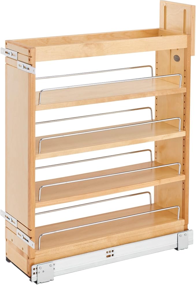 Rev-A-Shelf Maple Pullout Organizer w/Blum Soft-Close for Frameless Full-Height Base Cabinets, Full Extension Slides & Adjustable Shelves, Min Opening Width of 7.5", 448-BCSC-6C