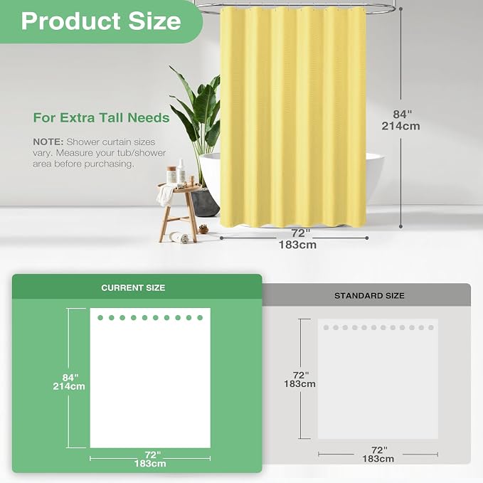 Extra Long Waffle Shower Curtain 256 GSM Fabric 72"x84" Yellow | 84 Inch Long, Thick Polyester Cloth, Weighted Hem, Water Repellent, Washable, Tall Hotel Bathroom Shower Curtain Set 12 Hooks