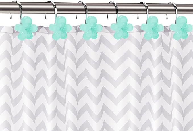 Cute Flower Shower Curtain Hooks, Glow in The Dark, Pretty Floral Themed Elegant Bathroom Decor, Teal