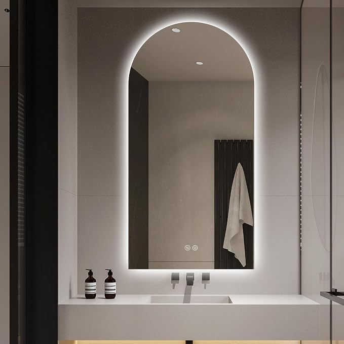 Arched LED Bathroom Mirror, 55"x28" Arch Framless Backlit Mirror with Lights Anti-Fog Dimmable Smart Frameless 3-Color Lighted Vanity Mirror Memory Waterproof, UL Listed, Vertical