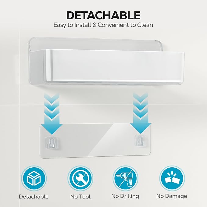 Nieifi Adhesive Shower Shelves, Clear, 5 Pieces | Rustproof ABS, Large Capacity, Removable Design, Easy-Clean, No Drilling Shower Organizer for Bathroom Storage & Home Decor