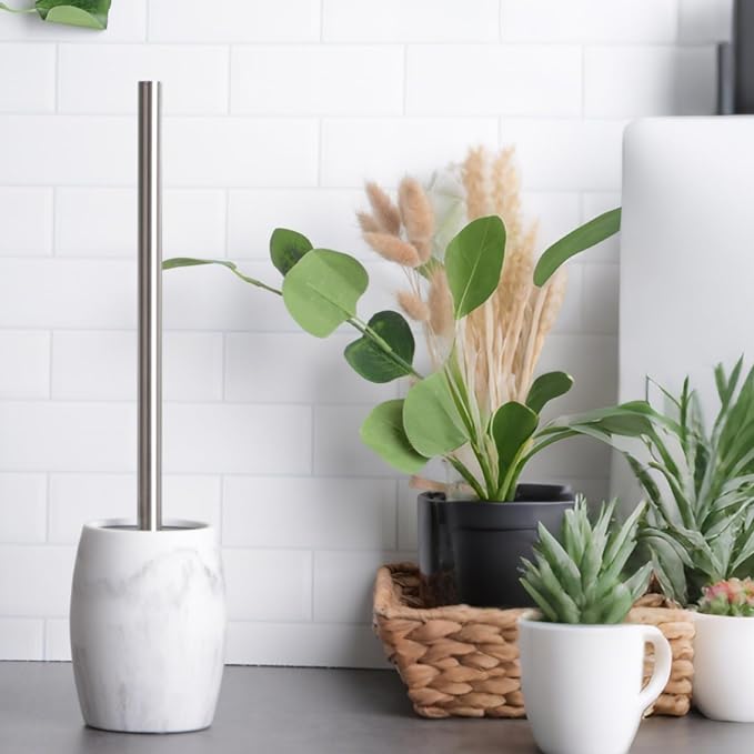 Clasin Home Toilet Bowl Brush and Holder with Stainless Steel Long Handle, Toilet Scrubber Brush with Durable Base, 360° Deep Cleaning Bristles for Bathroom, Compact Set for Small Space (White)