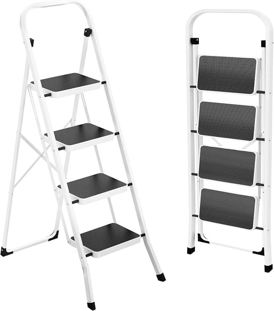 HBTower Step Ladder, Folding Step Stool for Adults | with Anti-Slip Pedal, 330 lbs Capacity for Kitchen, Home, White