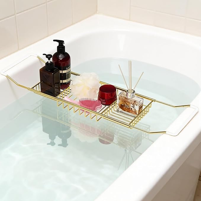 Bathtub Caddy Tray, Expandable Bath Tub Table with Removable Book Holder Red Wine Rack Holder, for Home Kitchen Bathroom,Gold
