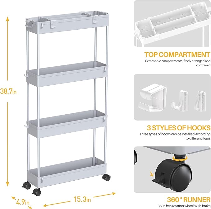 Slim Storage Cart 4 Tier,Bathroom Organizer Rolling Utility,Mobile Shelving Unit Slide Out for Office, Kitchen, Laundry Room & Narrow Places,Gray