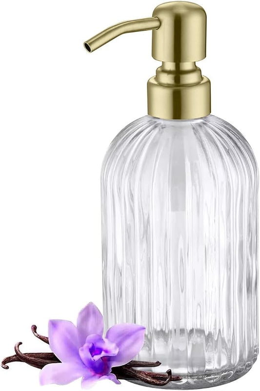 Gold Refillable Glass Kitchen Soap Dispenser,16oz Bathroom Soap Dispenser with Vertical Strip,Golden 304 Stainless Steel Pump Head, Clear Thick Glass,for Modern Home Decor, Countertop, Hotel