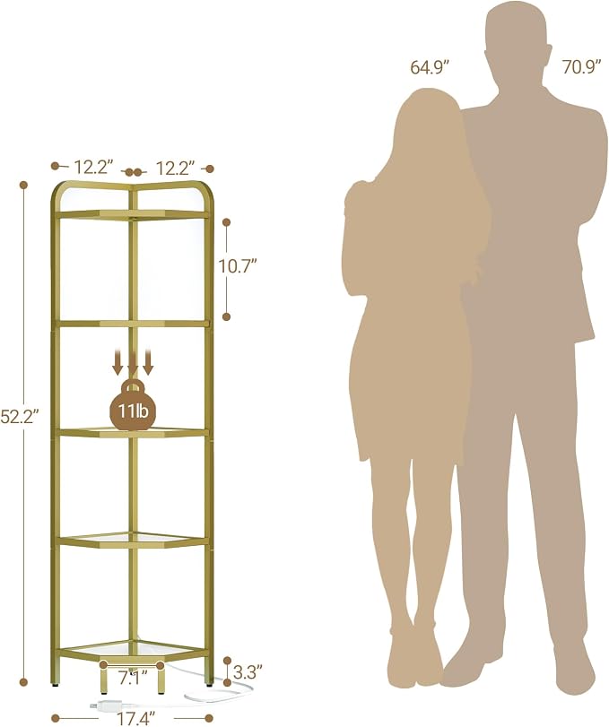 Hzuaneri Corner Shelf with LED Lighting, 5-Tier Glass Bookshelf | Steel Frame, Tempered Glass, Modern Style Corner Shelf, Suitable for Living Rooms, Bedrooms and Games Rooms CS09599G