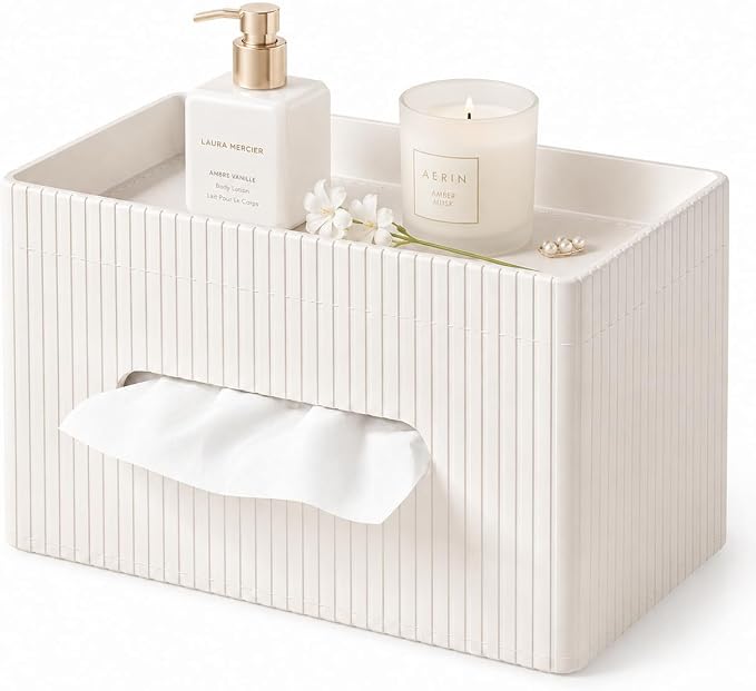 Ribbed PU Leather Tissue Box Cover with Storage Tray, Rectangular Facial Tissue Holder for Bathroom Vanity, Nightstand & Office Desk, Modern Decorative Tissue Dispenser (Ivory White)