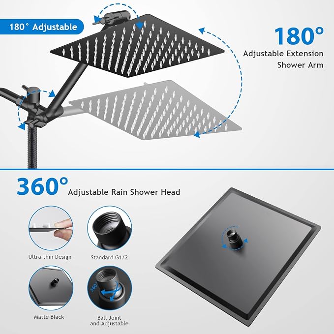 12” Black High/Low Pressure Water Rain Shower Head with 11” Extension Arm | 5 Settings Handheld Shower Head Combo,Powerful Shower Spray - Matte Black, Powerful Shower Spray Against Low Pressure Water
