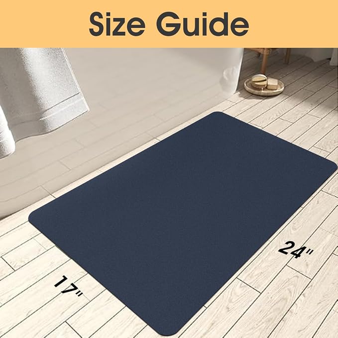 Non Slip Bath Mat, Thin Bathroom Rugs Fit Under Door, Quick Dry Bath Mats, Machine Washable Bath Rugs for Bathroom, Bathtub & Kitchen, Bathtub, Dark Blue/Solid/24 x17