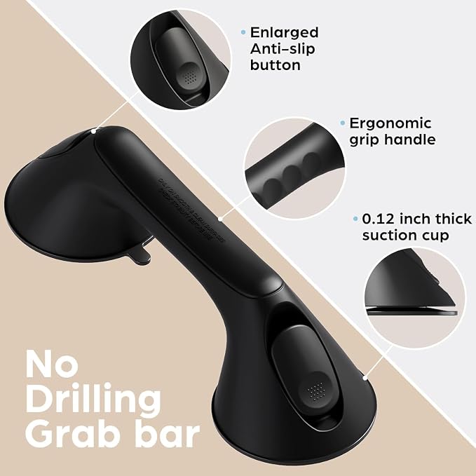 2 Pack 12 Inch Grab Bars for Bathtubs and Showers for Seniors, Heavy Duty Shower Handle for Elderly, Suction Cup Removable Handrails Handicap Bath Grip Bathroom Upgrade Safety Grips (Black)