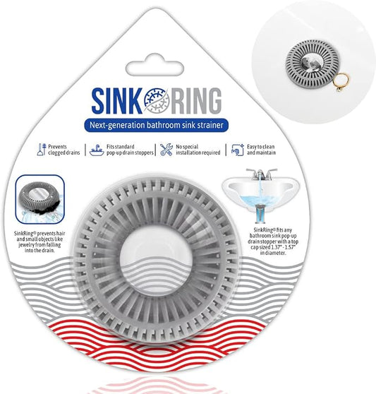 SinkRing Bathroom Sink Drain Protector & Strainer for Pop-Up Stoppers, Gray | Easy snap-in design. Precision clog-free trap prevents loss of earrings, jewelry or contacts. Fits 1.37" - 1.57" stoppers.