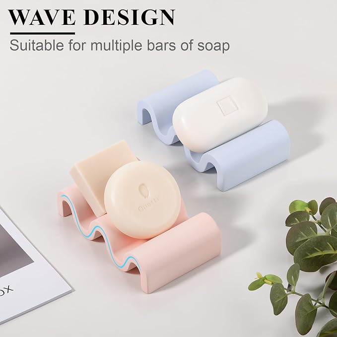 Diatomite Soap Dish Bar Soap Holder Wave Texture Sponge Tray, Pink | Quick Drying, Self Draining Design Helps Keep Bar Soap Dry for Bathroom Sink, Shower & Kitchen