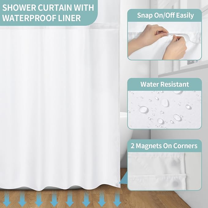 Hookless Shower Curtain with Snap in Liner, Teal No Hook Shower Curtains for Bathroom，Shower Curtain and Liner Set for Bathroom Decor,Waterproof & Washable,72W x 81L Inch