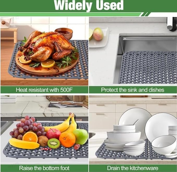 Sink Protectors Mat - 29.7"x15.5"Kitchen Sink Pad for Bottom of Basin for Protection of Stainless Steel and Tableware, Farmhouse Rubber Basin Mat Protector with Rear Drain - Light Gray