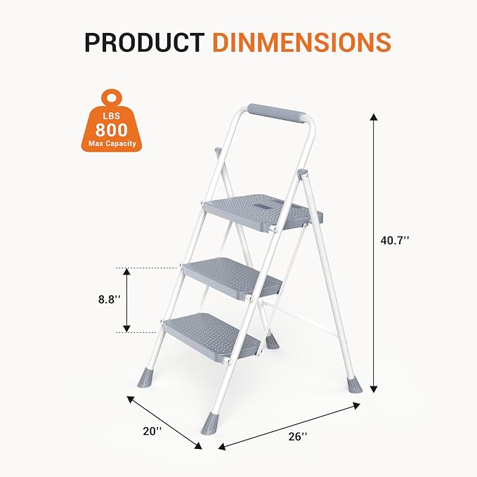 Sweetcrispy 3 Step Ladder, 800lbs Folding Sturdy Step Stool | Portable Stepping Stool with Wide Anti-Silp Pedal & Cushioned Handle, for Home Kitchen and Outdoor - Grey