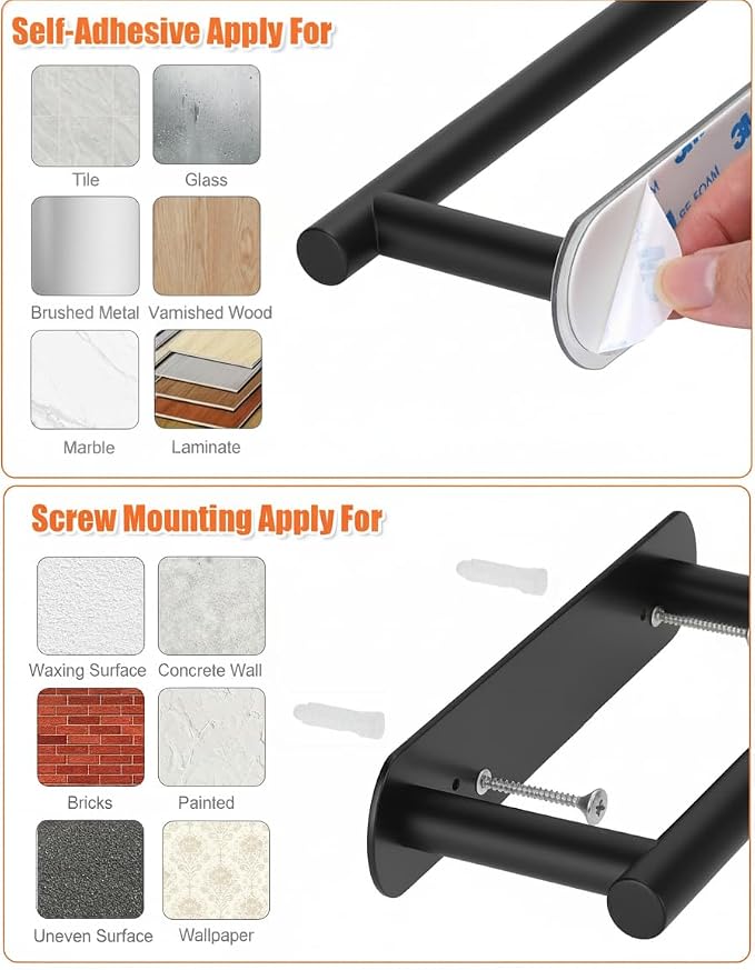 YUET Toilet Roll Holder, Self Adhesive or Screw in Wall Mounted Options, Double Post Pivoting Tissue Roll Holder, Stainless Steel Rustproof Stick On No Drilling Wall Mount for Bathroom, Matte Black | Double Swivel Toilet Roll Holder for Bathroom and To...