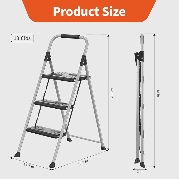 3-Step Ladder Folding Step Stool with Anti-Slip Wide Pedal & Soft Handle, Heavy Duty Steel Construction, 900 lbs Capacity for Home & Office, Grey