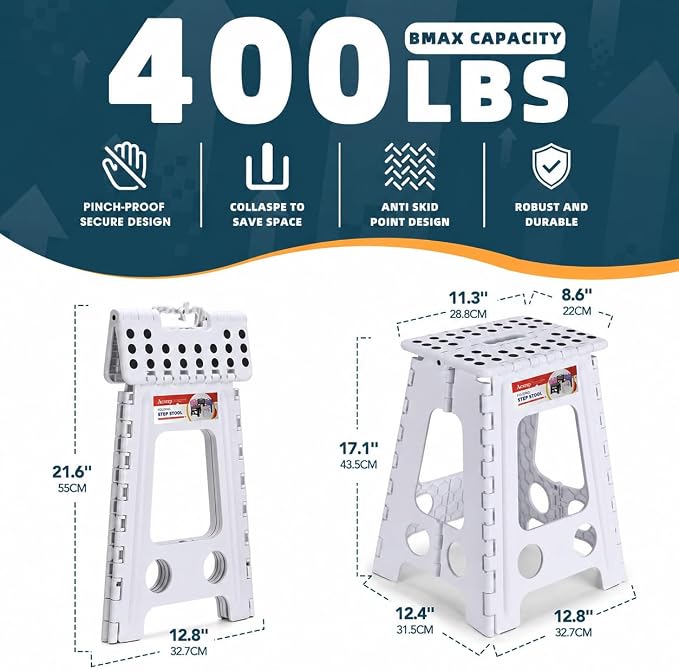 17.5 Inch Heavy Duty Folding Step Stool for Adults, 400 lbs, White | Collapsible Stepping Stool for Adults with Handle and Non-Slip Surface, for Kitchen, Garage, Bedroom and Outdoor Tasks
