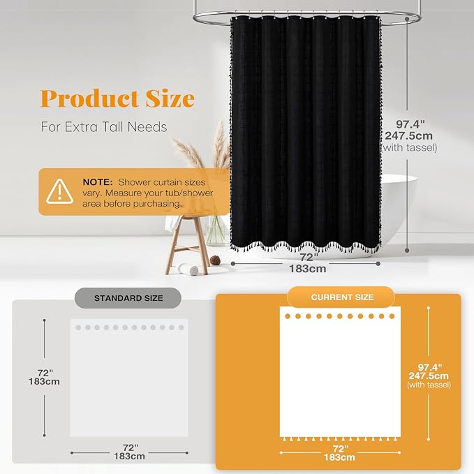 Extra Long Boho Linen Heavy Duty Fabric Shower Curtain, 72x96, Black | Extra Tall Size, 330GSM Linen Blend, 3-side Tassels, Waterproof Cloth, 12 Plastic Hooks, Rustic Bohemian, Machine Washable