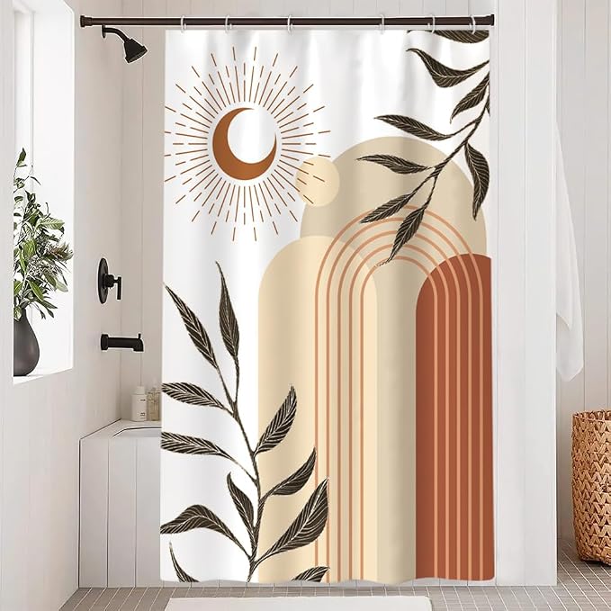Boho Moon Stall Shower Curtain with Hooks 48x72 Inch | Waterproof Small Narrow Terracotta and Beige Bathroom Curtain for Shower Stall, Machine Washable