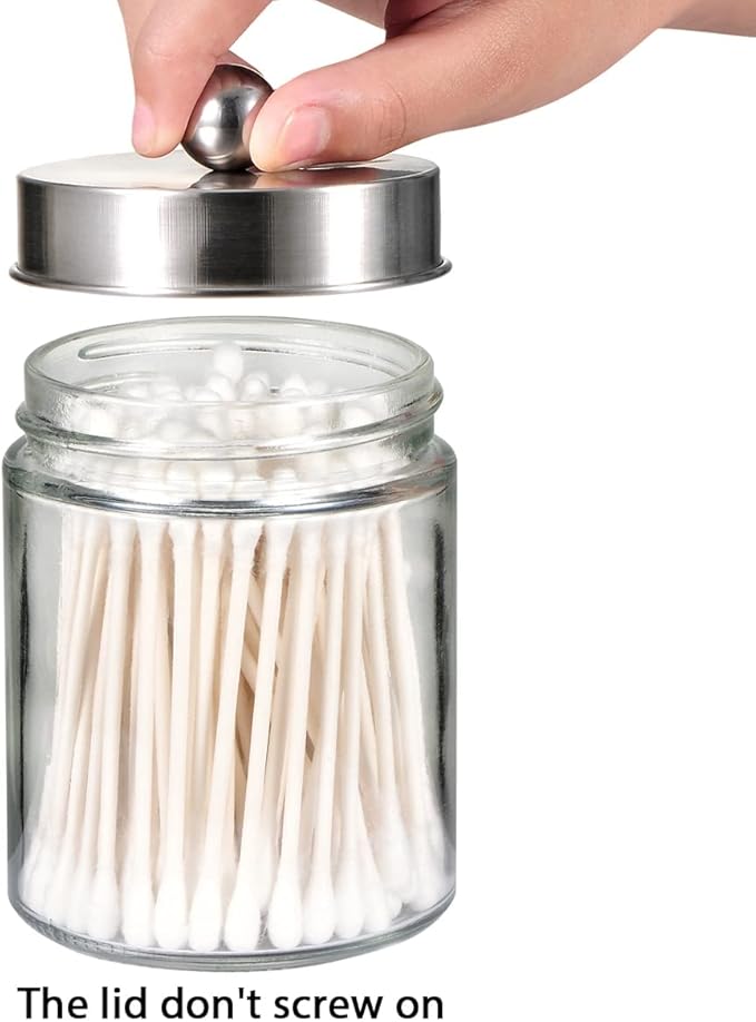 Amolliar Glass Apothecary Jar Qtip Holder Metal Lids 4pc/Brushed Nickel | Bathroom Decor Countertop Vanity Storage Organizer Set for q tip holder,Cotton Swabs/Rounds,Makeup Sponges,Cute Stickers