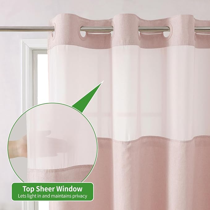 eachope No Hook Linen Texture Shower Curtain with Snap-in Liner,71x86 Blush | Extra Long,230GSM Thick Fabric,Hotel Luxury Decor,Mesh Top Window,Bottom Magnetic,Waterproof & Machine Washable,for Bathroom