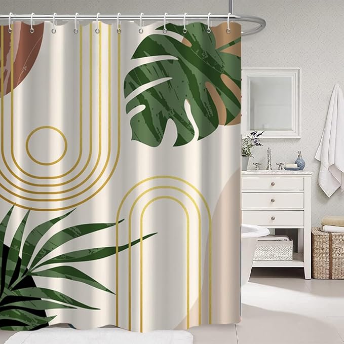Boho Sage Green Shower Curtain for Bathroom 72x84 Inch | Waterproof Abstract Tropical Leaves Shower Curtain Set with Hooks, Mid Century Beige Bathroom Decor