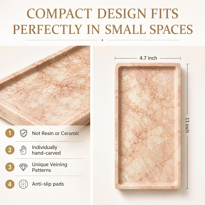 Pink Marble Tray for Vanity, Slim Natural Stone Decorative Tray for Bathroom, Perfume Organizer, Jewelry Dish, Kitchen & Entryway Countertop Decor, Small Rectangle Tray