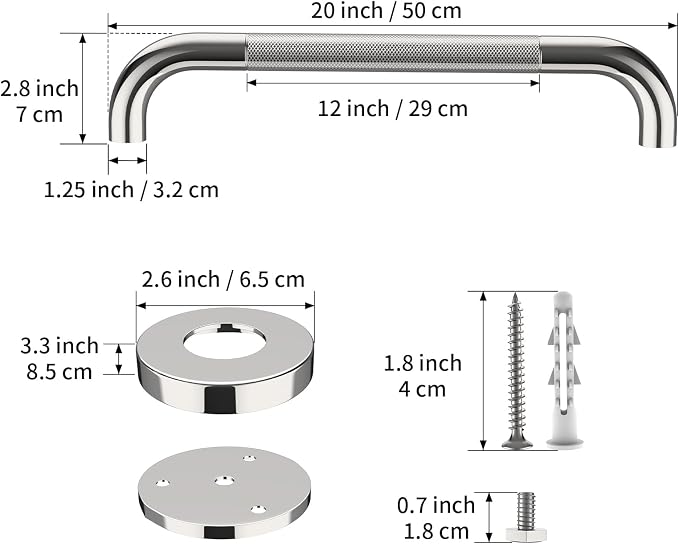 Anti Slip Shower Grab Bar 20 Inch,Chrome Stainless Steel Bath Grab Bar | 2 Packs Knurled Bathroom Safety Rail, Shower Handrail Support, Handicap Elderly Balance Assist Handles-1.25" Diameter