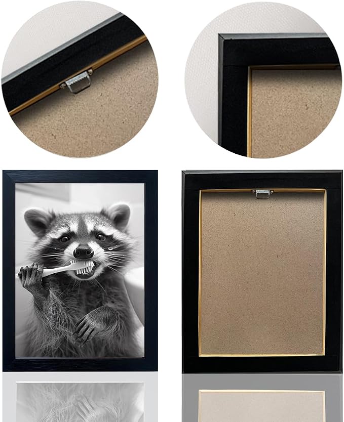Funny Raccoon Wall Decor Animal Bathroom Wall Art Black and White Raccoon Brushing Teeth Picture Wood Framed Farmhouse Rustic Washroom Kid’s Room Decor Art