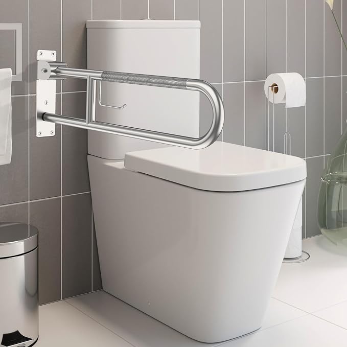 Toilet Grab Bar 32 Inch, YuanDe Brushed Nickel Anti-Slip Support Rail | U Shaped Flip-Up Grab Bar with Paper Holder, Stainless Steel Knurled Handicap Safety Handrails for Disabled Elderly Pregnant