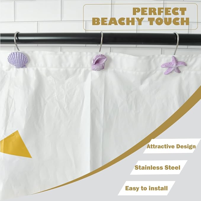 Seashell Shower Curtain Hooks 12pcs Beach Shower Curtain Rings Bath Shower Hooks Rust Proof Curtain Hangers Coastal Bathroom Accessories Decor