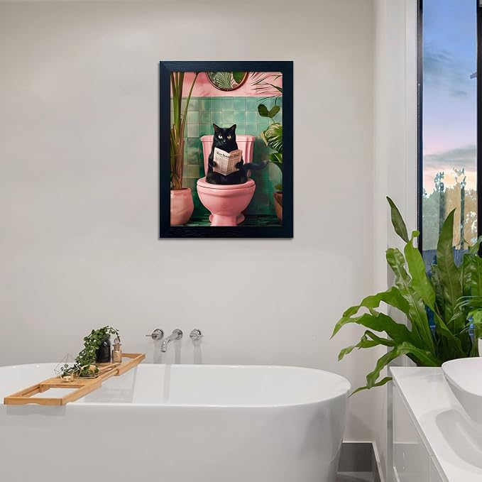 Black Cat Bathroom Wall Art Pink Toilet Decor Funny Canvas Print Artwork for Woman Girls Bathroom