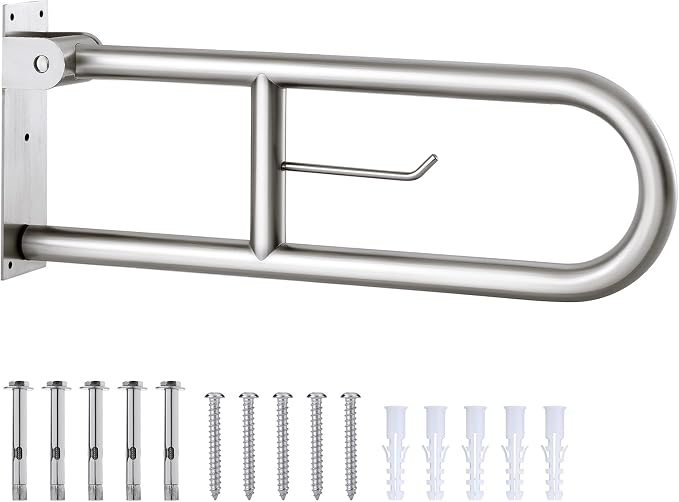 24 Inch Toilet Grab Bar with Paper Holder, Flip Up Handrail | Brushed 304 Stainless Steel | Wall mount | 1.25 inch grip | Space saving fold up design | Template & hardware included