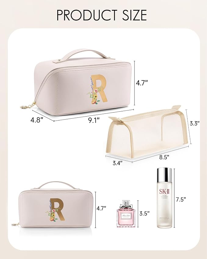 VLANDO Personalized Makeup Bag,Gifts for Women, Letter R,Off White | PU Leather Personalized Toiletry Bag,Open Flat Cosmetic Skincare Organizer,Gifts for Women,Bridesmaid,Teen
