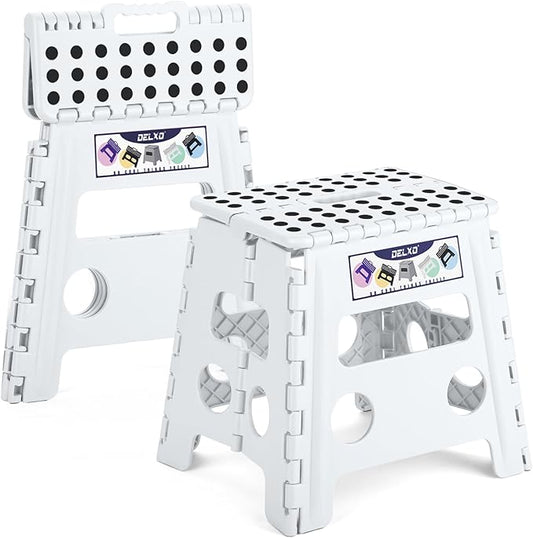 Delxo Folding Step Stool 13 inch 2 Pack,300 Lbs Step Stool for Kids&Adults | Foldable Step Stool,Non-Slip Foot Stools with Handle Lightweight Collapsible stools for Kitchen,Bathroom,Bedroom,Garden White