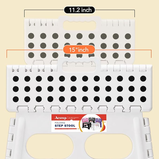 9 Inch Folding Step Stool, 15 Inch Extra-Wide, 300 lbs, White | Non-Slip Heavy Duty Foldable Step Stool for Kids and Adults, Extra-Wide for Comfort and Stability, for Bathroom and Kitchen