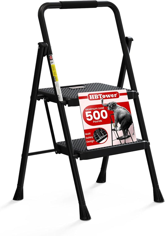 HBTower Step Ladder, Folding Step Stool with Wide Anti-Slip Pedal | Sturdy Steel Ladder, Convenient Handrail, Lightweight, Portable Steel Step Stool