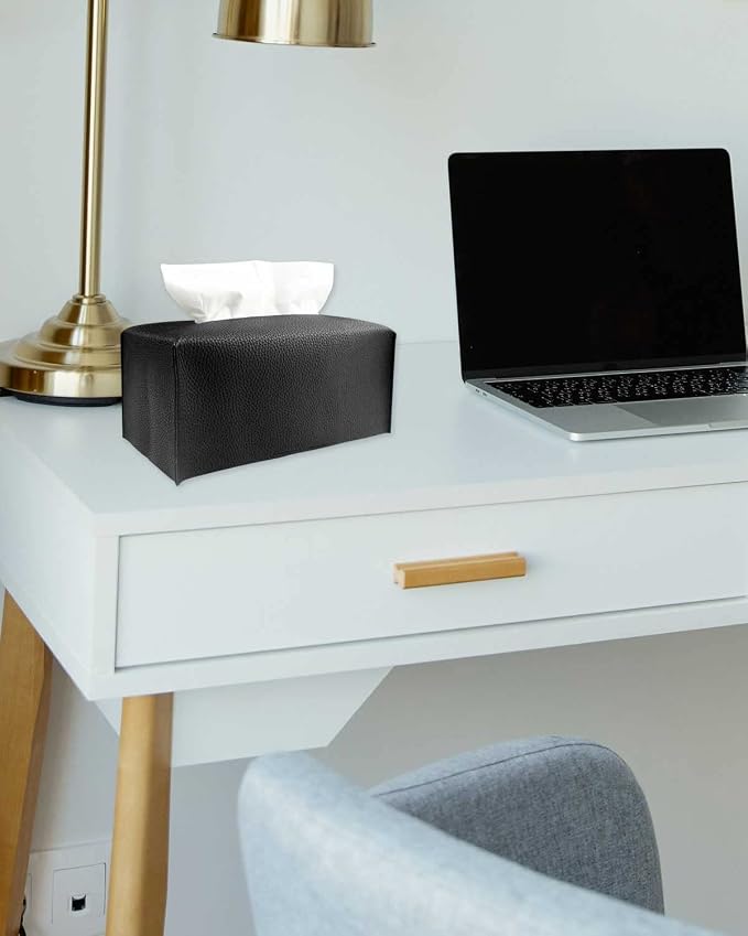 Tissue Box Holder Rectangular Leather – with Bottom Belt [JESMINI, Black] Modern Long PU Leather Rectangle Tissue Box Cover Holder Decorative for Bathroom Vanity Countertop/Night Stands/Office Desk