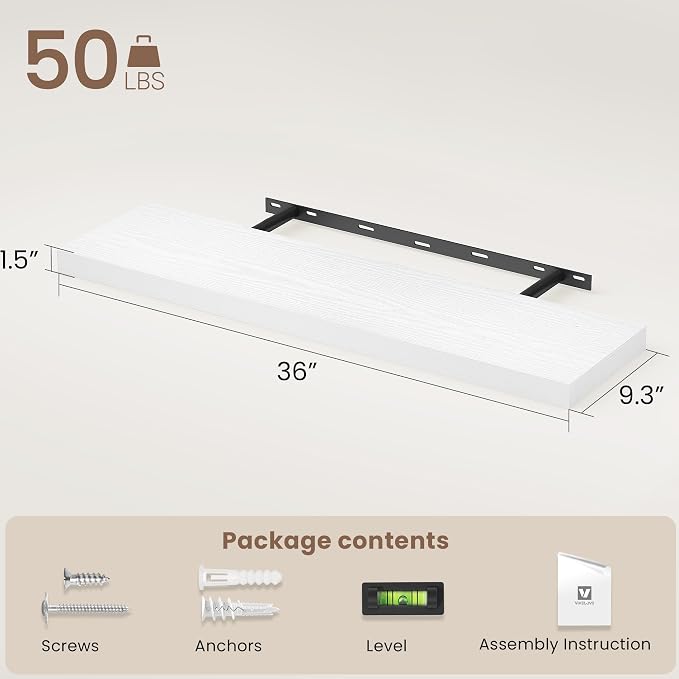 Vivelove Floating Shelves 9 inch Deep 36”Long Set of 2, White | Easy Install With Hardware, 1.5" Thick, Invisible Brackets, Wall Mounted, No Sagging, For Any Room