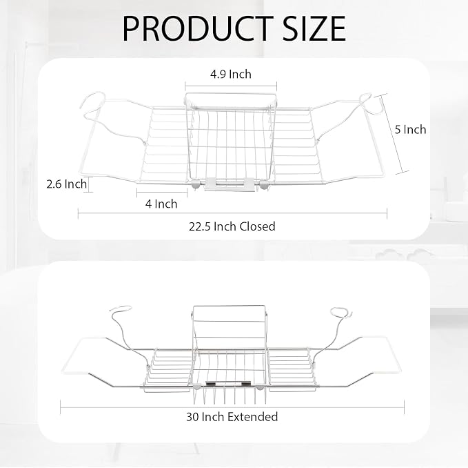 Bathtub Caddy Tray, Expandable Bath Tub Table with Removable Book Holder Red Wine Rack Holder, for Home Kitchen Bathroom, Sliver