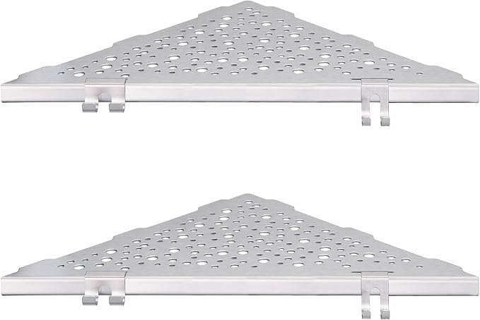 WELLUP Shower Shelf Brushed Nickel 2 Pack,Corner Shower Shelf with 4 Hooks | 304 Stainless Steel Corner Shelf Recessed, Shower Corner Shelf for Tile Wall,Holds 15 lbs,Hollowed Drainage,Easy Install