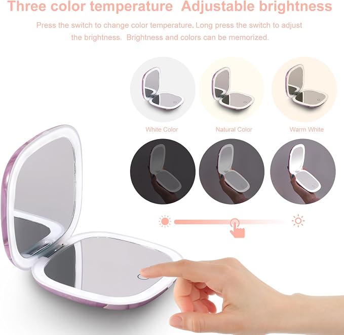 Mocado Compact Mirror with Light-4 Inches Compact 1x/10x Magnifying Mirror | Double Sides Lighted, 3 Colors Lighting, 0-100% Brightness, Diammable Touch, 1200mAh Rechargeable, For Pocket, Purse