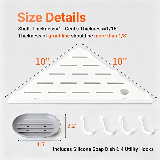 Corner Shower Shelves, 10" white 304 Stainless Steel Recessed Shelf for Bathroom，With silicone soap dish and razor holder，Grout in Shelf with Hooks for Tiled Wall 2 Pack(white)